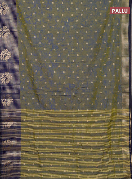 Semi raw silk saree mehendi green and navy blue with allover kalamkari prints & 1000 zari buttas and zari checked butta border