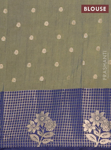 Semi raw silk saree mehendi green and navy blue with allover kalamkari prints & 1000 zari buttas and zari checked butta border