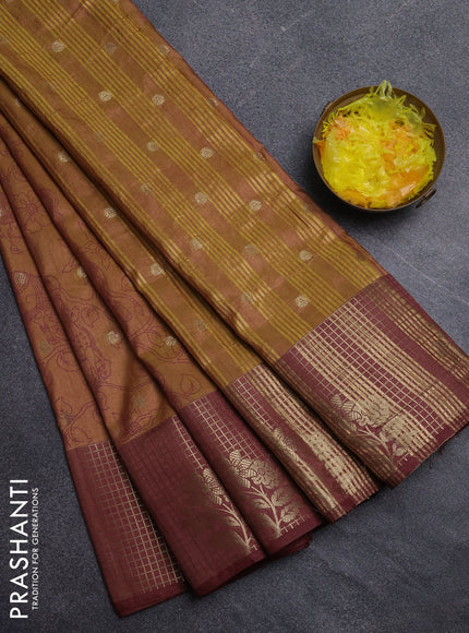Semi raw silk saree dark mustard green and brown with allover kalamkari prints & 1000 zari buttas and zari checked butta border