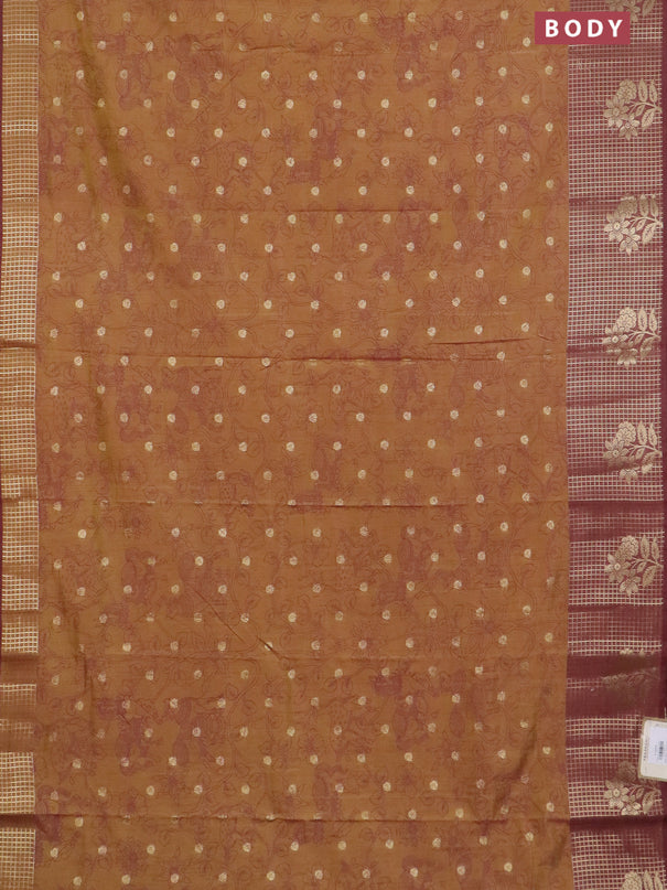 Semi raw silk saree dark mustard green and brown with allover kalamkari prints & 1000 zari buttas and zari checked butta border
