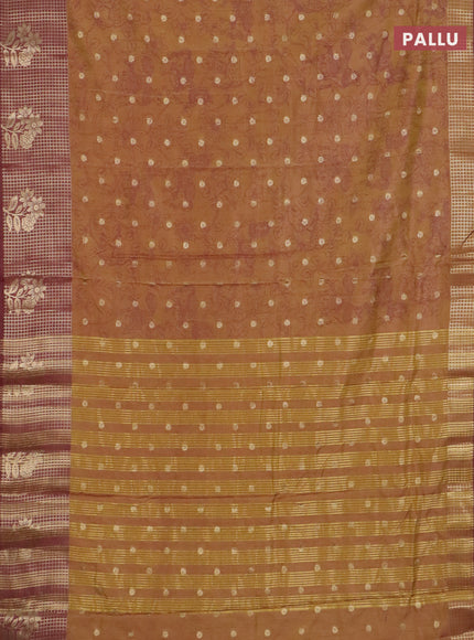 Semi raw silk saree dark mustard green and brown with allover kalamkari prints & 1000 zari buttas and zari checked butta border