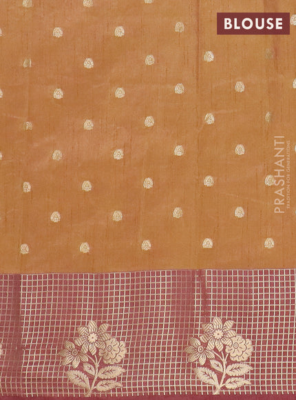 Semi raw silk saree dark mustard green and brown with allover kalamkari prints & 1000 zari buttas and zari checked butta border