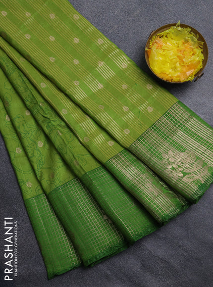 Semi raw silk saree light green and green with allover kalamkari prints & 1000 zari buttas and zari checked butta border