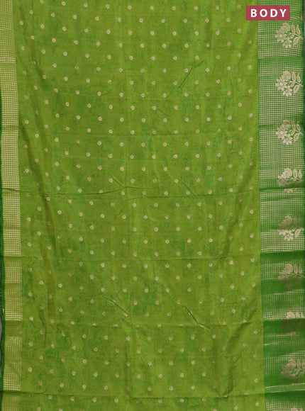 Semi raw silk saree light green and green with allover kalamkari prints & 1000 zari buttas and zari checked butta border