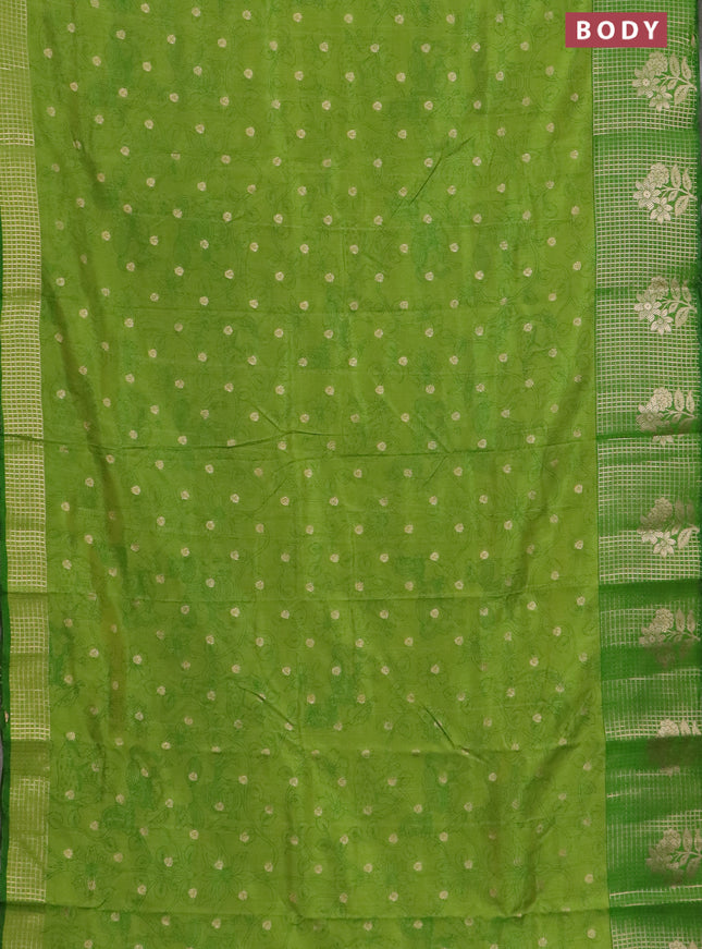 Semi raw silk saree light green and green with allover kalamkari prints & 1000 zari buttas and zari checked butta border