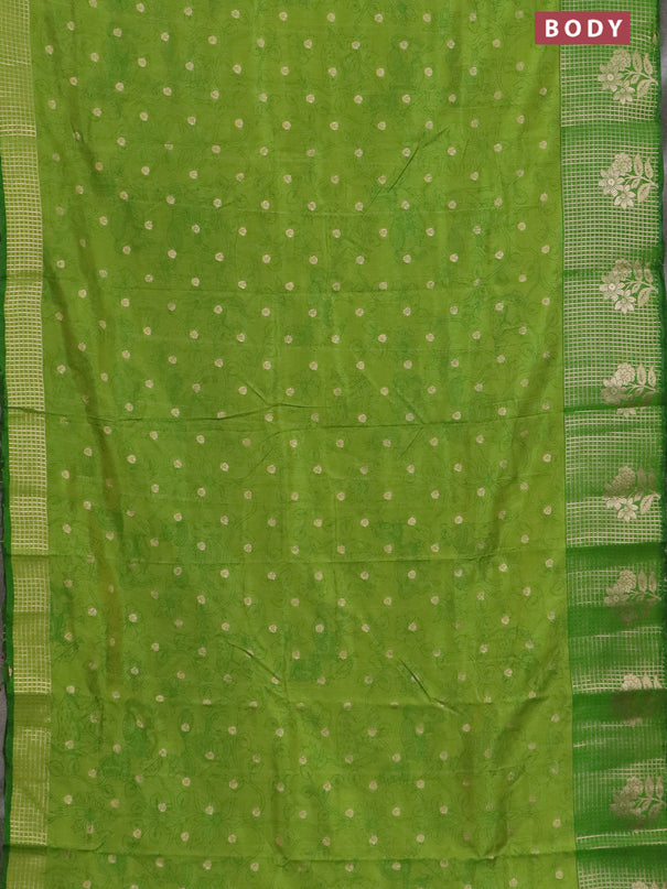 Semi raw silk saree light green and green with allover kalamkari prints & 1000 zari buttas and zari checked butta border