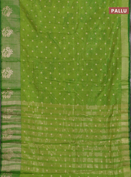 Semi raw silk saree light green and green with allover kalamkari prints & 1000 zari buttas and zari checked butta border