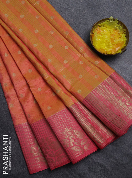 Semi raw silk saree dual shade of orange and peach pink with allover kalamkari prints & 1000 zari buttas and zari checked butta border