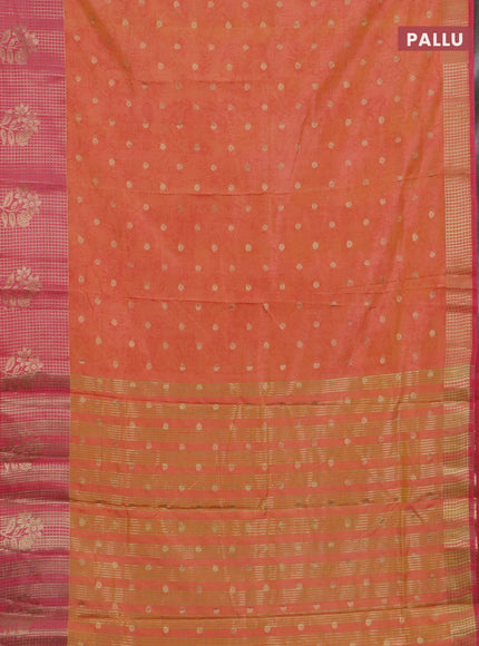 Semi raw silk saree dual shade of orange and peach pink with allover kalamkari prints & 1000 zari buttas and zari checked butta border
