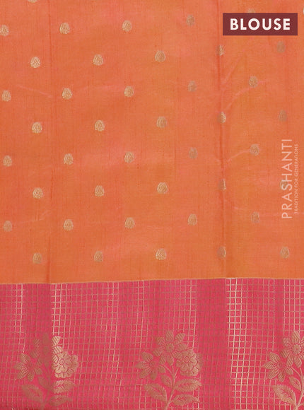 Semi raw silk saree dual shade of orange and peach pink with allover kalamkari prints & 1000 zari buttas and zari checked butta border