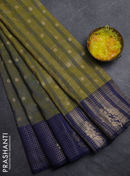 Semi raw silk saree mehendi green and navy blue with allover kalamkari prints & 1000 zari buttas and zari checked butta border