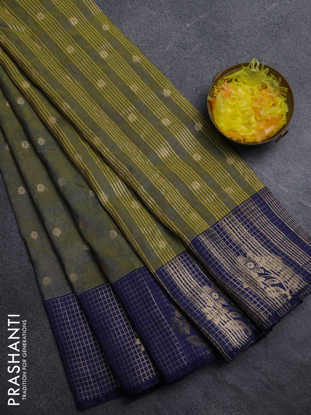 Semi raw silk saree mehendi green and navy blue with allover kalamkari prints & 1000 zari buttas and zari checked butta border
