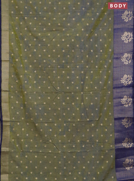 Semi raw silk saree mehendi green and navy blue with allover kalamkari prints & 1000 zari buttas and zari checked butta border
