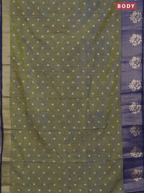 Semi raw silk saree mehendi green and navy blue with allover kalamkari prints & 1000 zari buttas and zari checked butta border