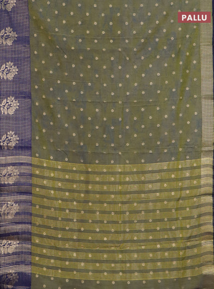 Semi raw silk saree mehendi green and navy blue with allover kalamkari prints & 1000 zari buttas and zari checked butta border