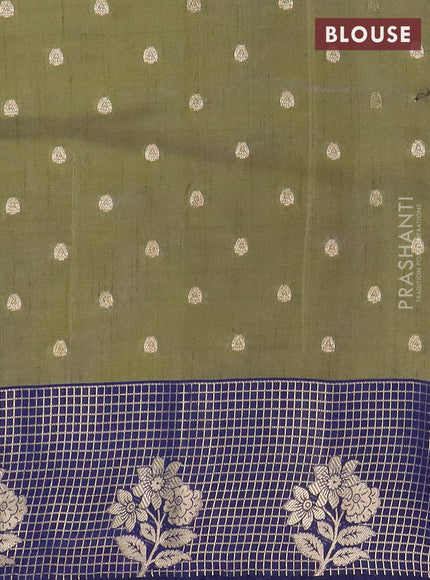 Semi raw silk saree mehendi green and navy blue with allover kalamkari prints & 1000 zari buttas and zari checked butta border