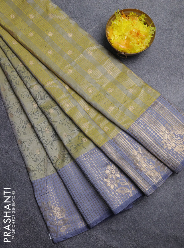 Semi raw silk saree pista green and grey with allover kalamkari prints & 1000 zari buttas and zari checked butta border