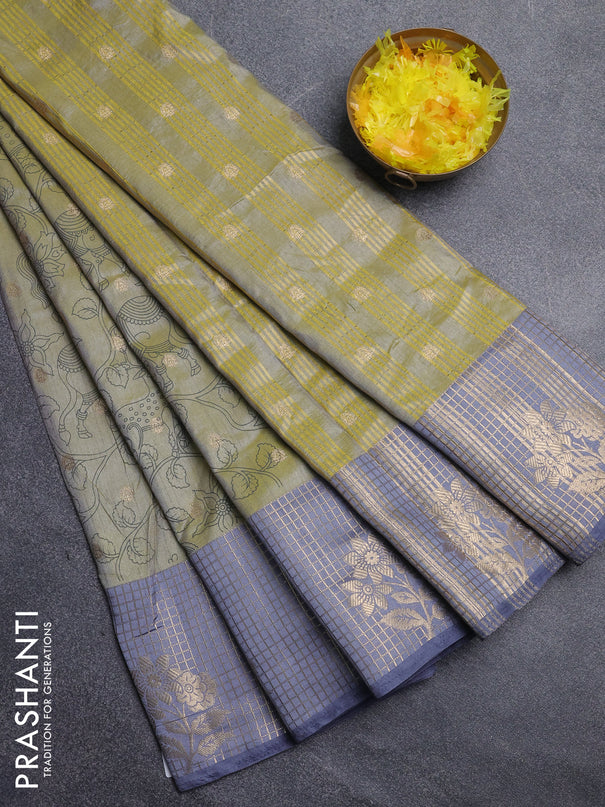 Semi raw silk saree pista green and grey with allover kalamkari prints & 1000 zari buttas and zari checked butta border