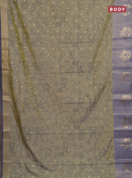 Semi raw silk saree pista green and grey with allover kalamkari prints & 1000 zari buttas and zari checked butta border