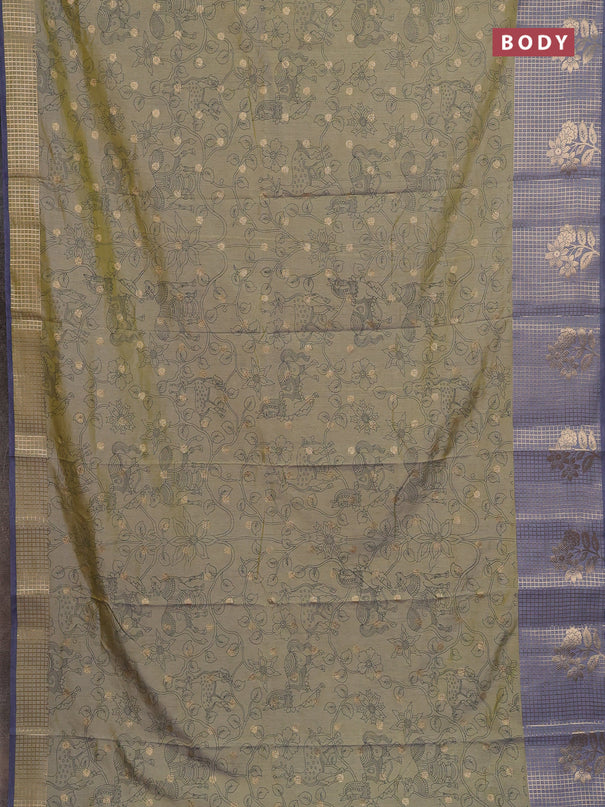 Semi raw silk saree pista green and grey with allover kalamkari prints & 1000 zari buttas and zari checked butta border
