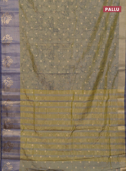 Semi raw silk saree pista green and grey with allover kalamkari prints & 1000 zari buttas and zari checked butta border