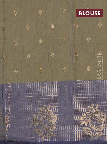 Semi raw silk saree pista green and grey with allover kalamkari prints & 1000 zari buttas and zari checked butta border