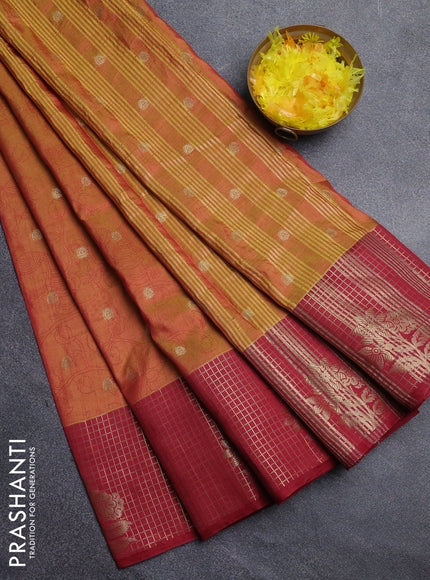 Semi raw silk saree dark mustard and maroon with allover kalamkari prints & 1000 zari buttas and zari checked butta border