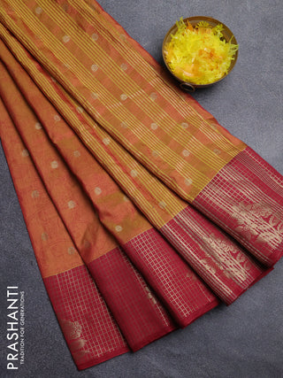 Semi raw silk saree dark mustard and maroon with allover kalamkari prints & 1000 zari buttas and zari checked butta border