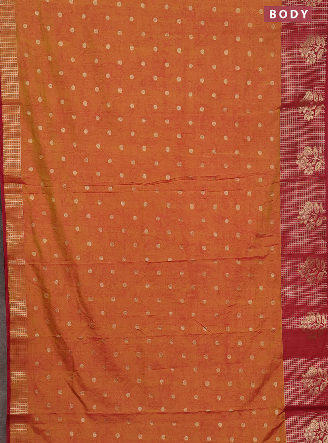 Semi raw silk saree dark mustard and maroon with allover kalamkari prints & 1000 zari buttas and zari checked butta border