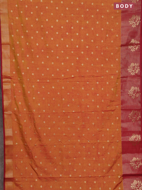 Semi raw silk saree dark mustard and maroon with allover kalamkari prints & 1000 zari buttas and zari checked butta border