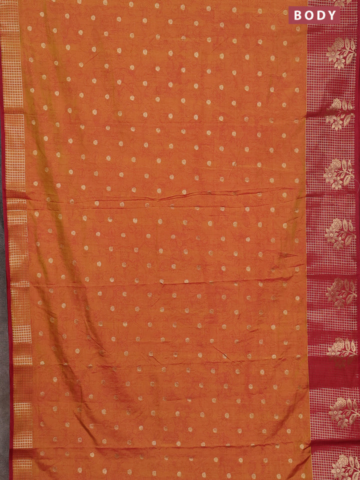 Semi raw silk saree dark mustard and maroon with allover kalamkari prints & 1000 zari buttas and zari checked butta border