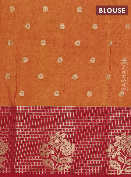 Semi raw silk saree dark mustard and maroon with allover kalamkari prints & 1000 zari buttas and zari checked butta border