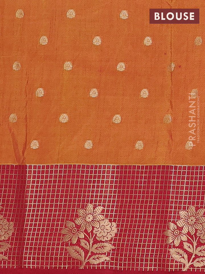 Semi raw silk saree dark mustard and maroon with allover kalamkari prints & 1000 zari buttas and zari checked butta border