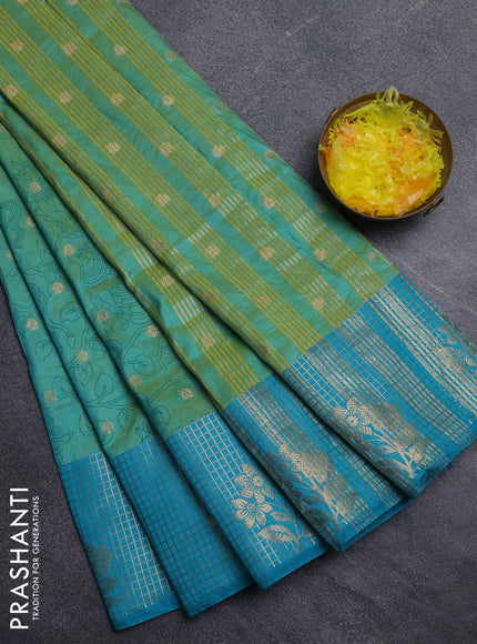 Semi raw silk saree teal green and teal blue with allover kalamkari prints & 1000 zari buttas and zari checked butta border