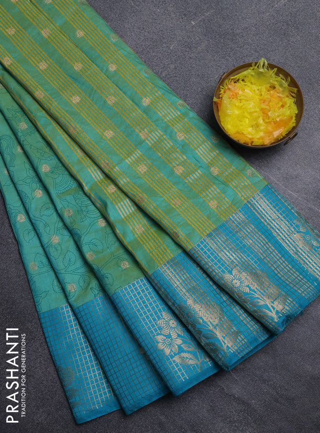 Semi raw silk saree teal green and teal blue with allover kalamkari prints & 1000 zari buttas and zari checked butta border