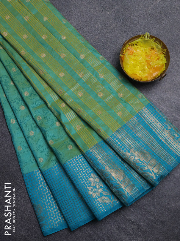 Semi raw silk saree teal green and teal blue with allover kalamkari prints & 1000 zari buttas and zari checked butta border