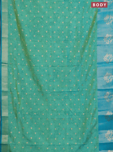 Semi raw silk saree teal green and teal blue with allover kalamkari prints & 1000 zari buttas and zari checked butta border