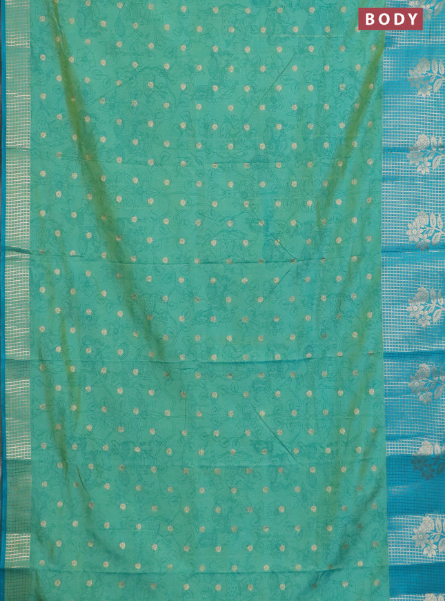 Semi raw silk saree teal green and teal blue with allover kalamkari prints & 1000 zari buttas and zari checked butta border