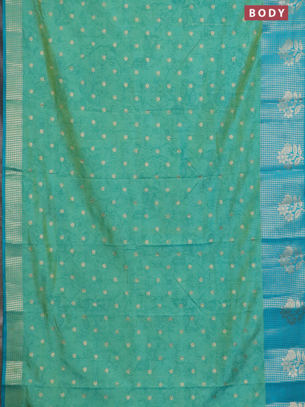 Semi raw silk saree teal green and teal blue with allover kalamkari prints & 1000 zari buttas and zari checked butta border