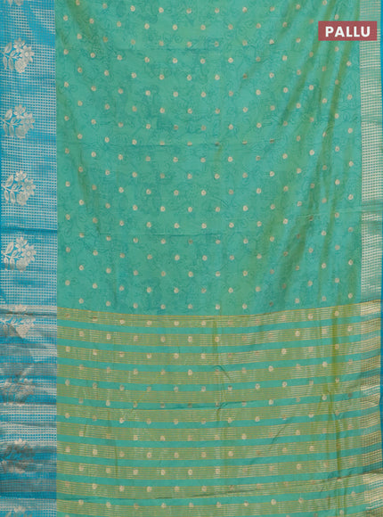 Semi raw silk saree teal green and teal blue with allover kalamkari prints & 1000 zari buttas and zari checked butta border