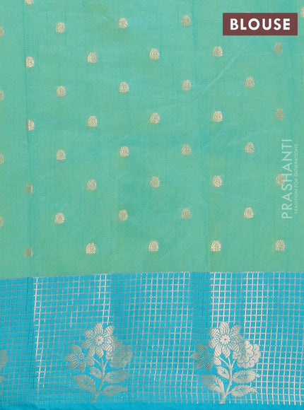 Semi raw silk saree teal green and teal blue with allover kalamkari prints & 1000 zari buttas and zari checked butta border