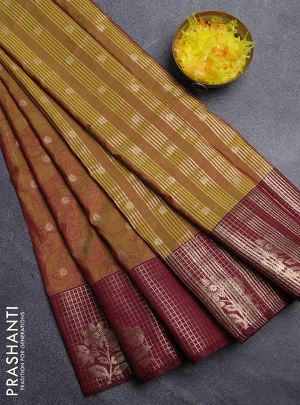 Semi raw silk saree lime green and deep maroon with allover kalamkari prints & 1000 zari buttas and zari checked butta border