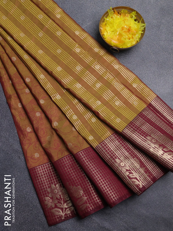 Semi raw silk saree lime green and deep maroon with allover kalamkari prints & 1000 zari buttas and zari checked butta border