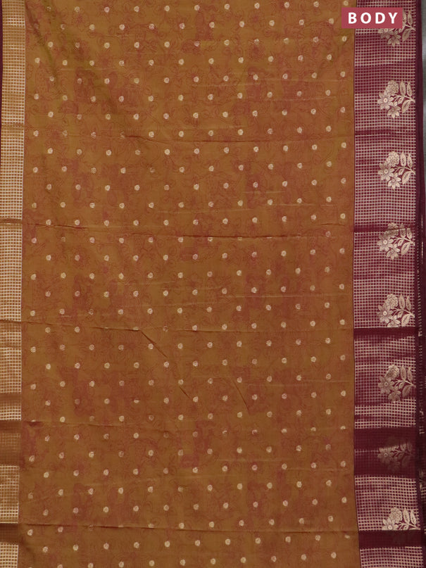 Semi raw silk saree lime green and deep maroon with allover kalamkari prints & 1000 zari buttas and zari checked butta border