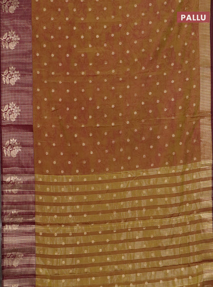 Semi raw silk saree lime green and deep maroon with allover kalamkari prints & 1000 zari buttas and zari checked butta border