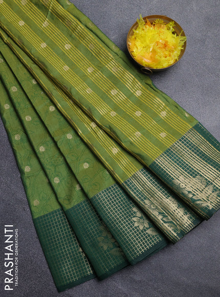 Semi raw silk saree green and dark green with allover kalamkari prints & 1000 zari buttas and zari checked butta border