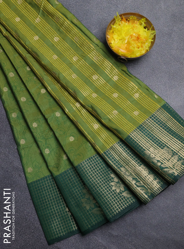 Semi raw silk saree green and dark green with allover kalamkari prints & 1000 zari buttas and zari checked butta border