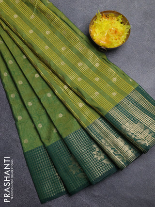 Semi raw silk saree green and dark green with allover kalamkari prints & 1000 zari buttas and zari checked butta border