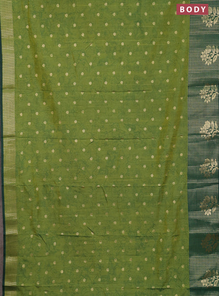 Semi raw silk saree green and dark green with allover kalamkari prints & 1000 zari buttas and zari checked butta border