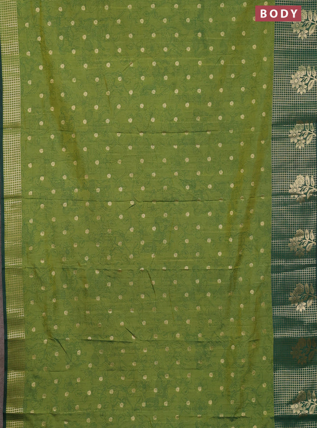 Semi raw silk saree green and dark green with allover kalamkari prints & 1000 zari buttas and zari checked butta border